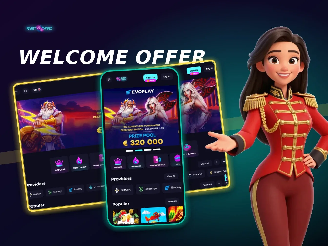 Party Spinz Casino home screen on desktop